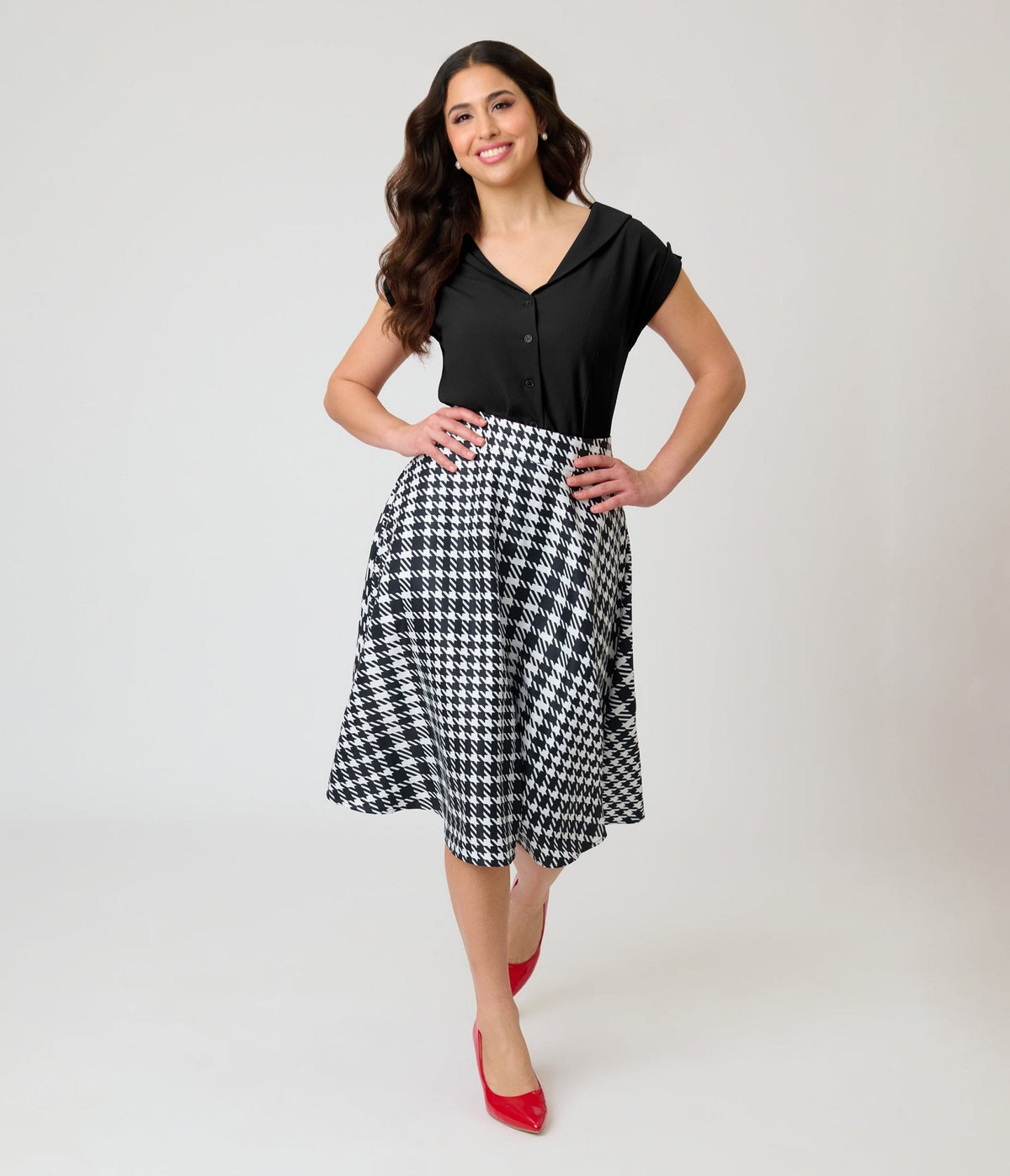 Unique Vintage Black & White Houndstooth Vivian Swing Skirt