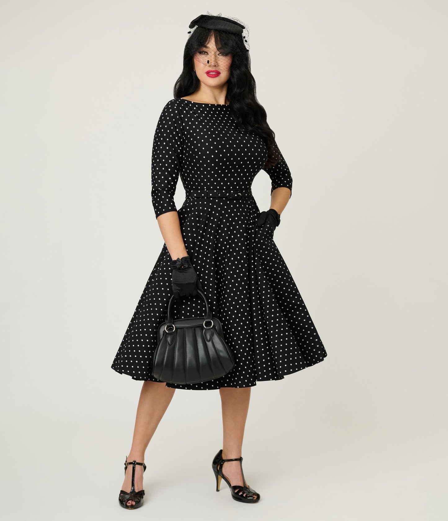 Unique Vintage Black & White Pin Dot Devon Swing Dress