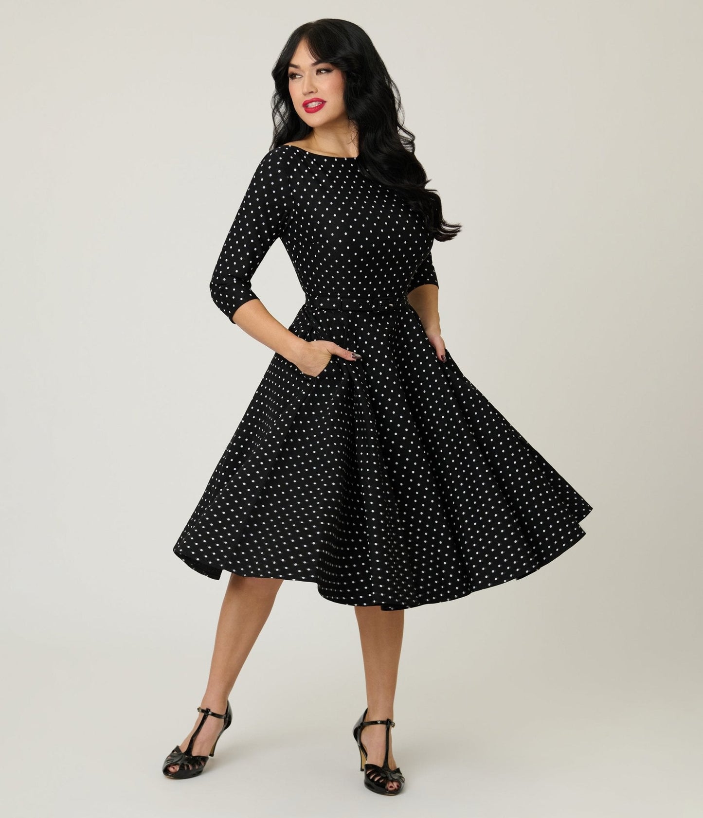 Unique Vintage Black & White Pin Dot Devon Swing Dress