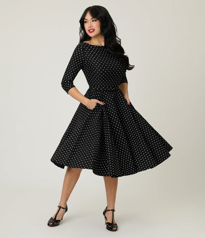 Unique Vintage Black & White Pin Dot Devon Swing Dress