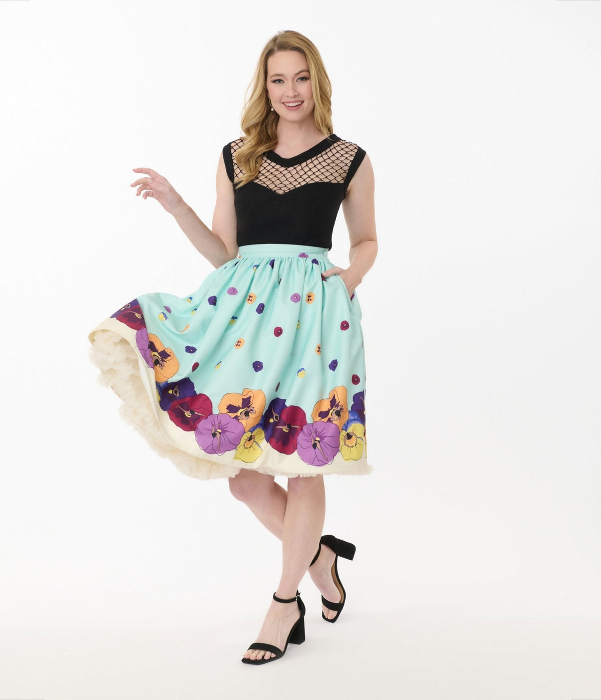 Unique Vintage Blue Dancing Pansies Gellar Swing Skirt