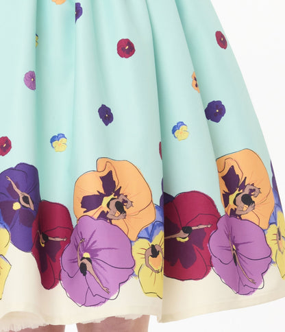 Unique Vintage Blue Dancing Pansies Gellar Swing Skirt