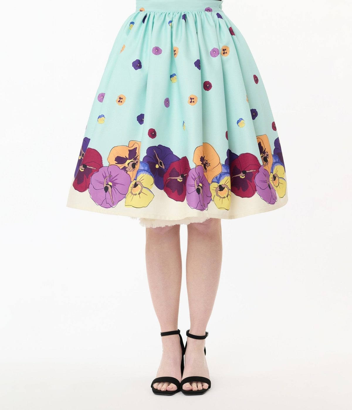 Unique Vintage Blue Dancing Pansies Gellar Swing Skirt