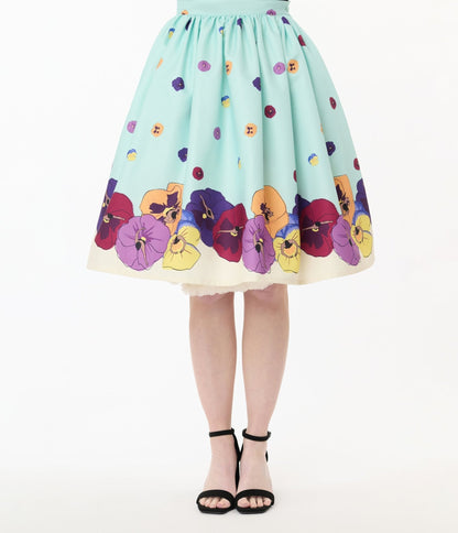 Unique Vintage Blue Dancing Pansies Gellar Swing Skirt