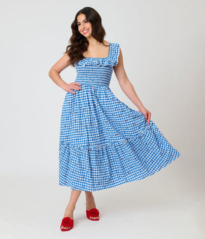 Unique Vintage Blue Gingham & Cherries Midi Dress