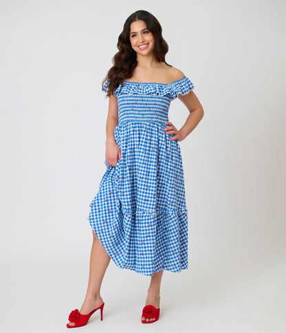 Unique Vintage Blue Gingham & Cherries Midi Dress