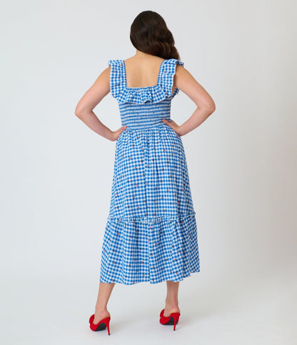 Unique Vintage Blue Gingham & Cherries Midi Dress