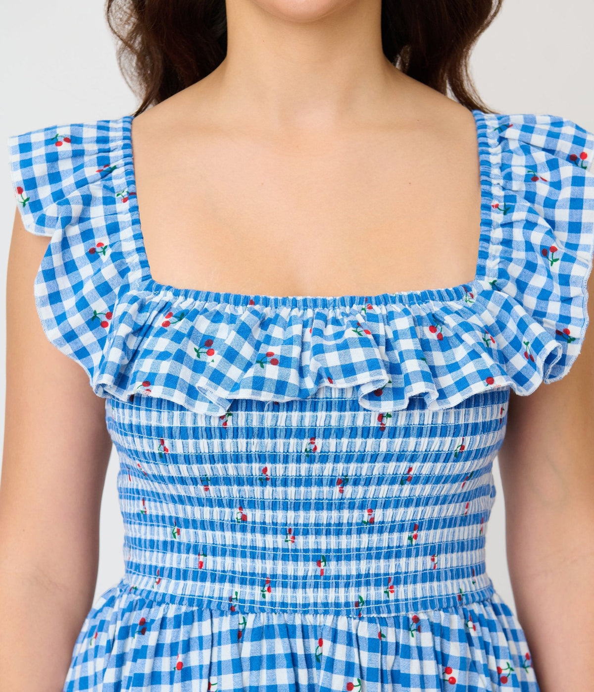 Unique Vintage Blue Gingham & Cherries Midi Dress