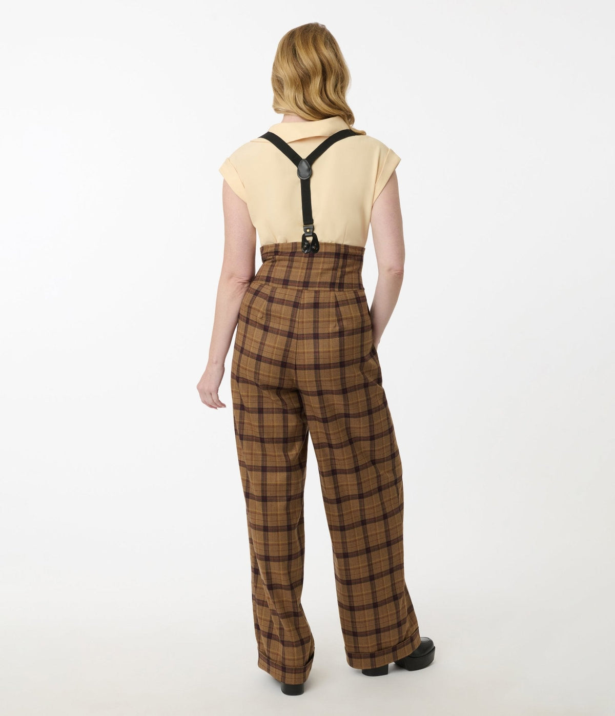 Unique Vintage Brown Plaid Thelma Suspender Pants