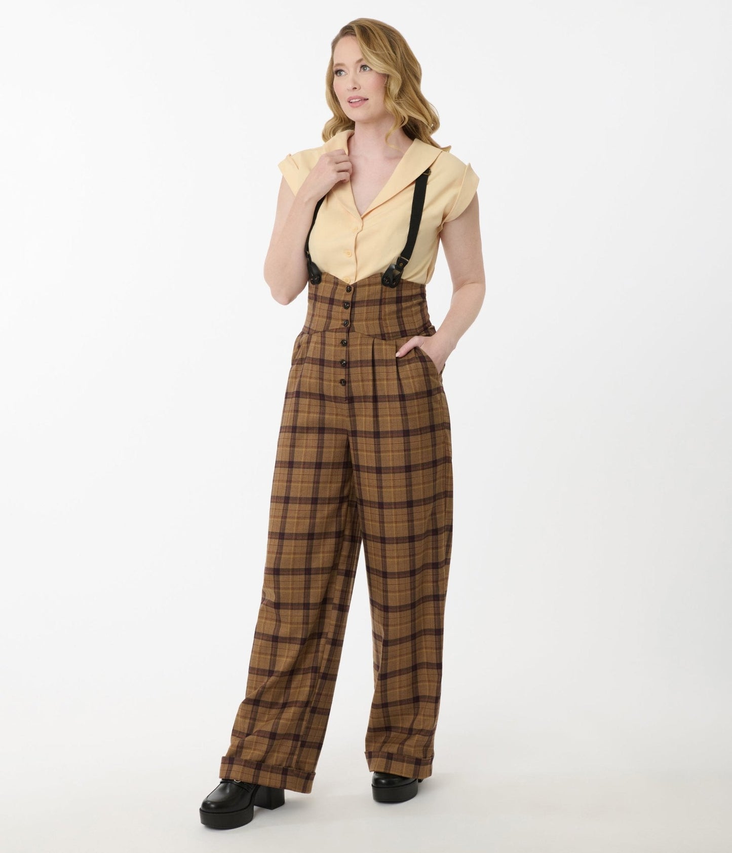 Unique Vintage Brown Plaid Thelma Suspender Pants