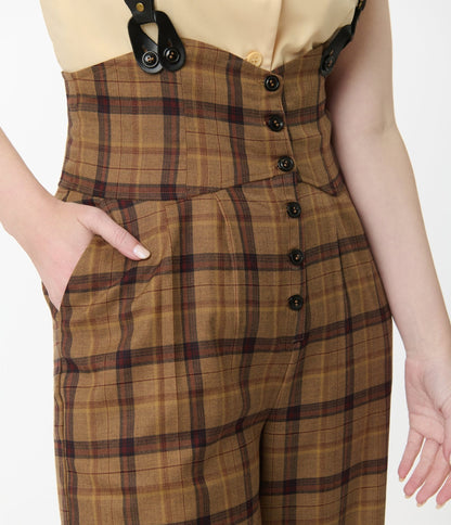 Unique Vintage Brown Plaid Thelma Suspender Pants