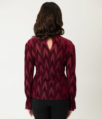 Unique Vintage Burgundy Leaf Velvet Burnout Donna Blouse