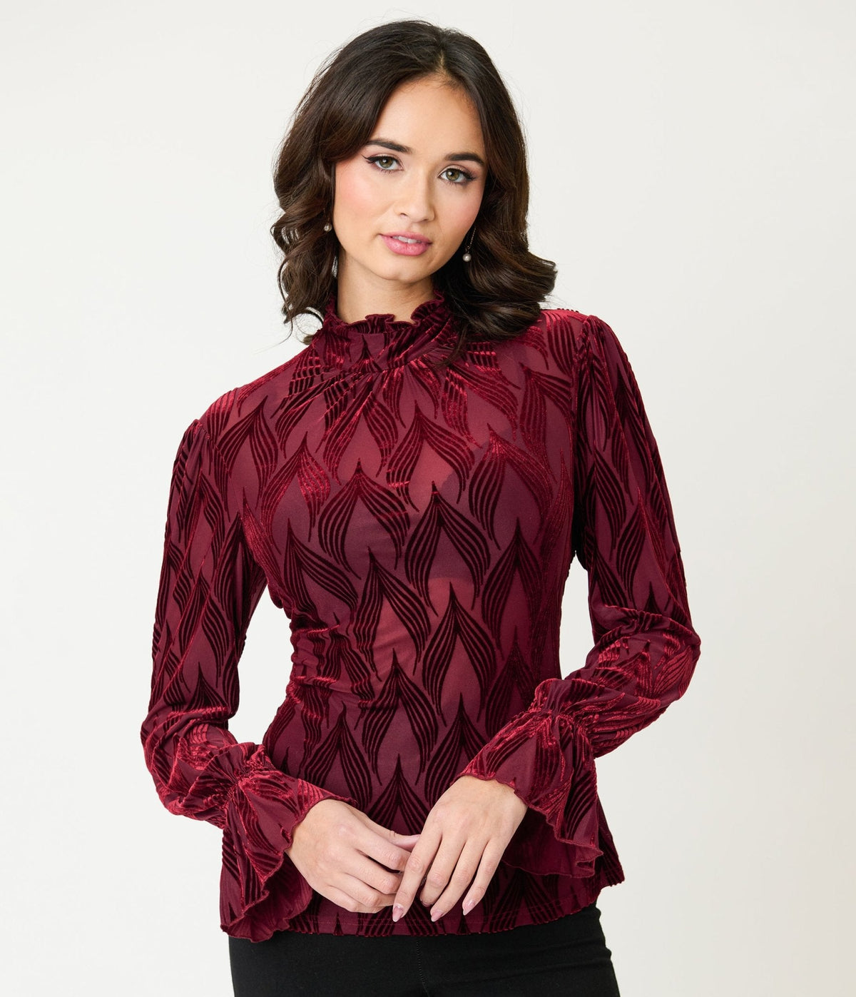 Unique Vintage Burgundy Leaf Velvet Burnout Donna Blouse