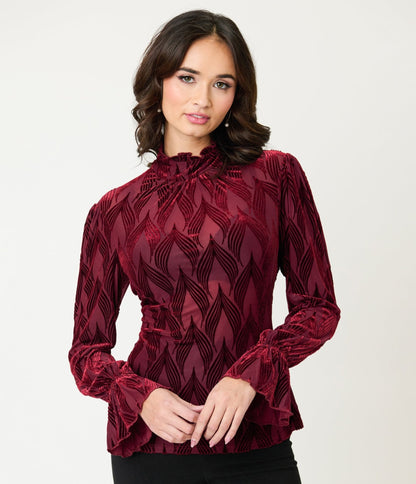 Unique Vintage Burgundy Leaf Velvet Burnout Donna Blouse