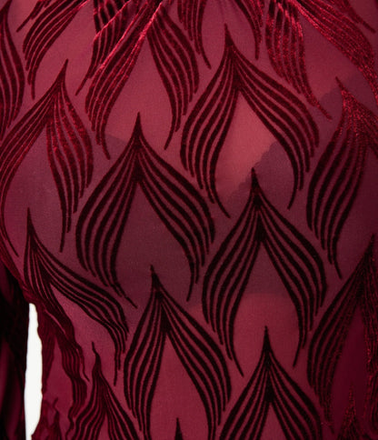 Unique Vintage Burgundy Leaf Velvet Burnout Donna Blouse
