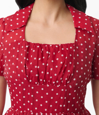 Unique Vintage Burgundy & White Swiss Dot Libby Swing Dress