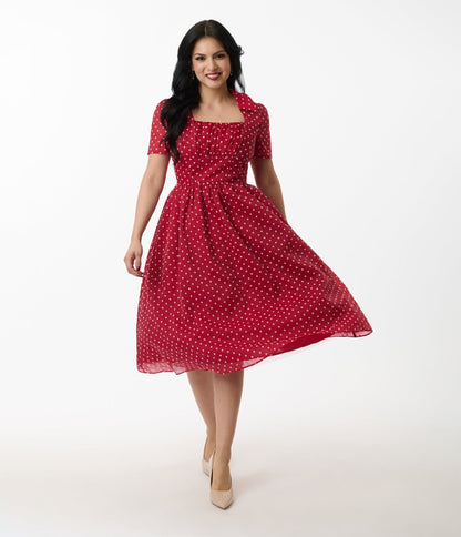 Unique Vintage Burgundy & White Swiss Dot Libby Swing Dress
