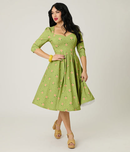 Unique Vintage Chartreuse & Pink Rose Sweetheart Swing Dress