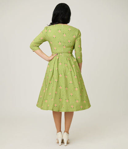 Unique Vintage Chartreuse & Pink Rose Sweetheart Swing Dress