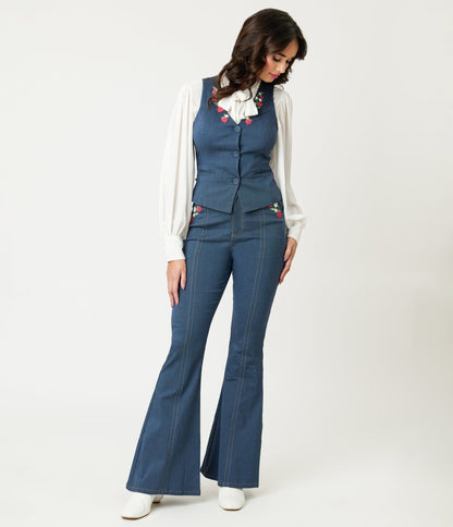 Unique Vintage Denim Strawberry Embroidered Flare Pants