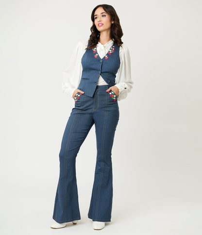 Unique Vintage Denim Strawberry Embroidered Flare Pants