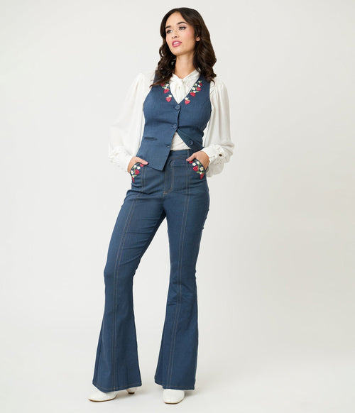 Unique Vintage Denim Strawberry Embroidered Flare Pants