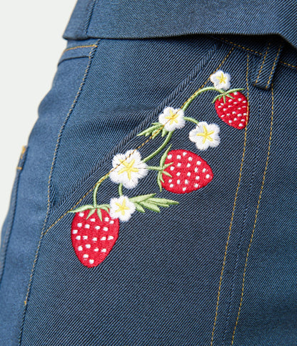 Unique Vintage Denim Strawberry Embroidered Flare Pants