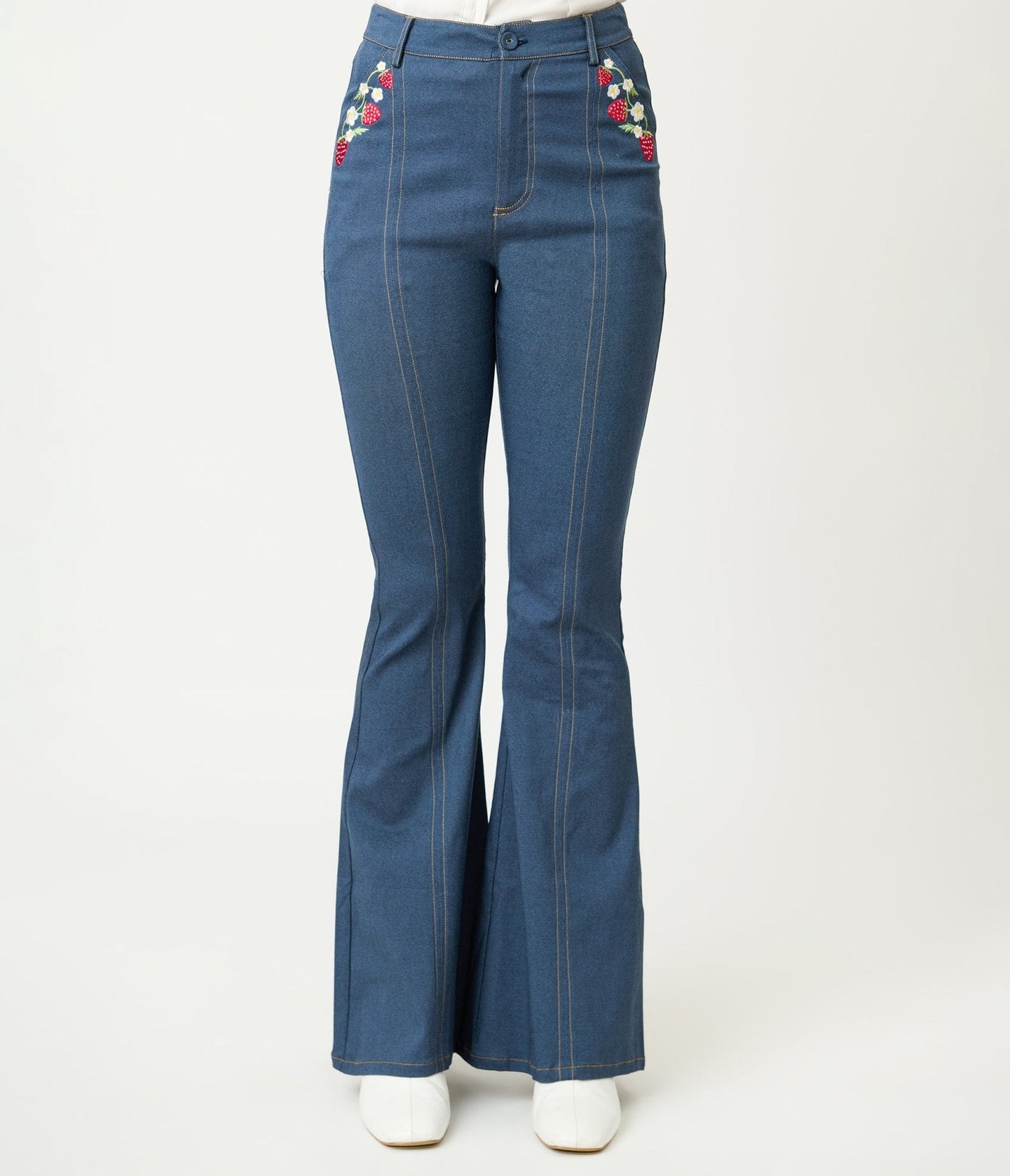Unique Vintage Denim Strawberry Embroidered Flare Pants