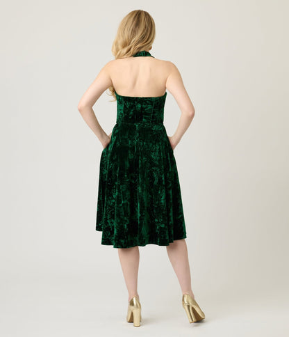 Unique Vintage Emerald Velvet Criss Cross Halter Rita Flare Dress