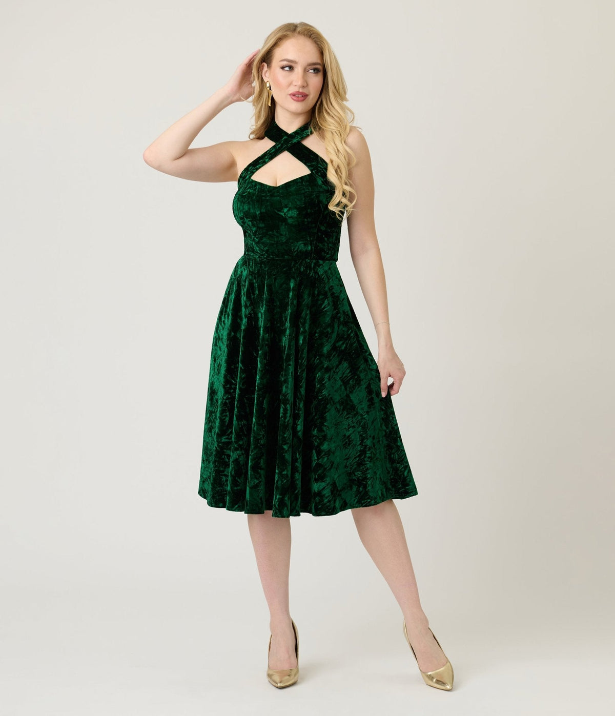 Unique Vintage Emerald Velvet Criss Cross Halter Rita Flare Dress