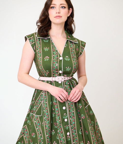 Unique Vintage Green Floral Stripe Shirt Swing Dress