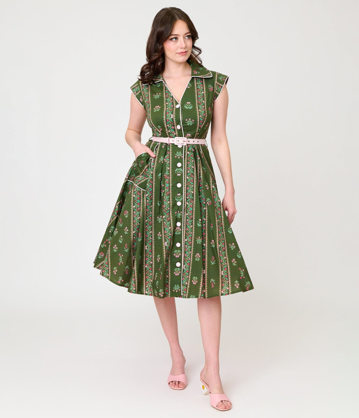 Unique Vintage Green Floral Stripe Shirt Swing Dress