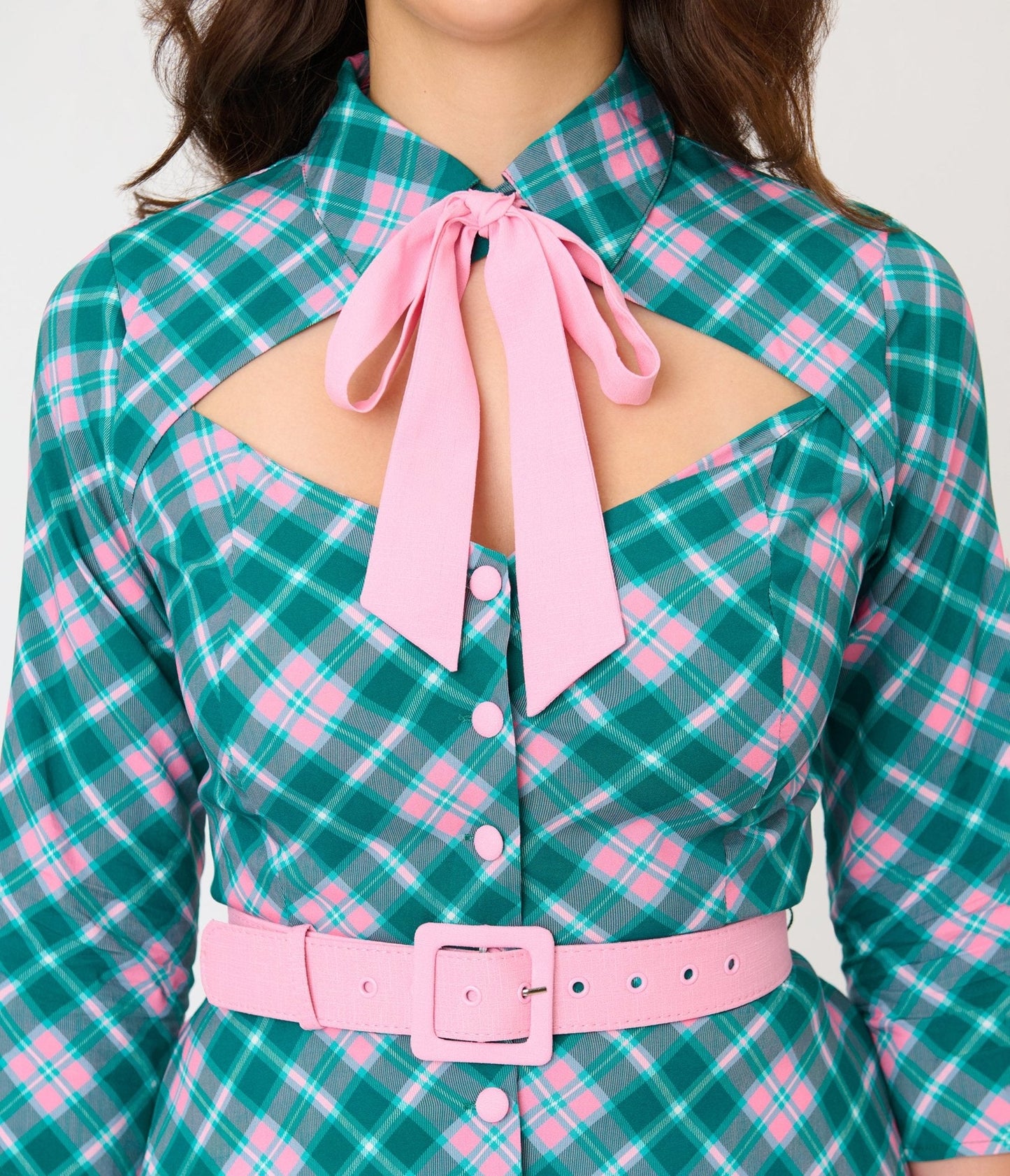 Unique Vintage Green & Light Pink Bias Plaid Swing Dress
