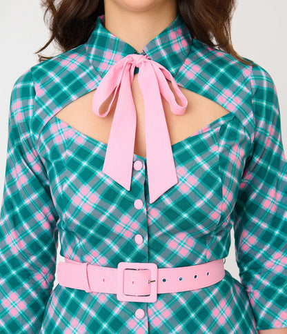 Unique Vintage Green & Light Pink Bias Plaid Swing Dress