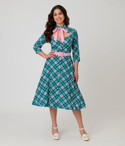 Unique Vintage Green & Light Pink Bias Plaid Swing Dress