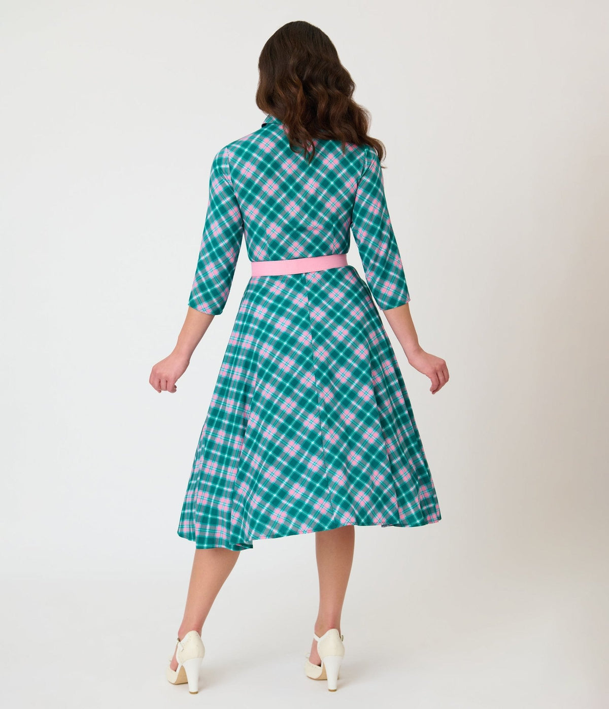 Unique Vintage Green & Light Pink Bias Plaid Swing Dress