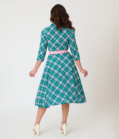 Unique Vintage Green & Light Pink Bias Plaid Swing Dress