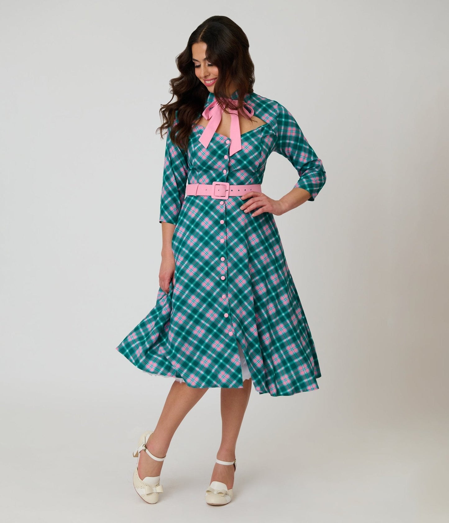 Unique Vintage Green & Light Pink Bias Plaid Swing Dress
