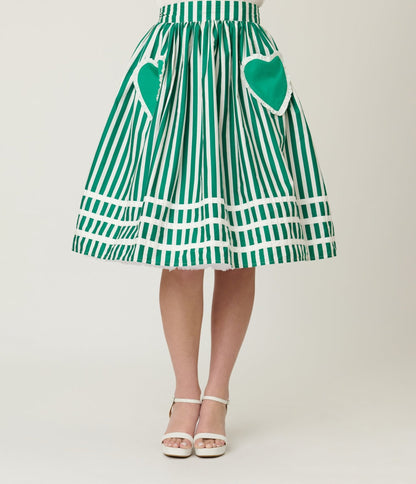 Unique Vintage Green & White Stripe Heart Pocket Swing Skirt