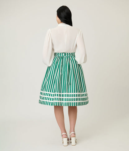 Unique Vintage Green & White Stripe Heart Pocket Swing Skirt