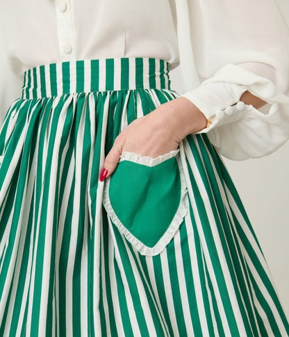 Unique Vintage Green & White Stripe Heart Pocket Swing Skirt
