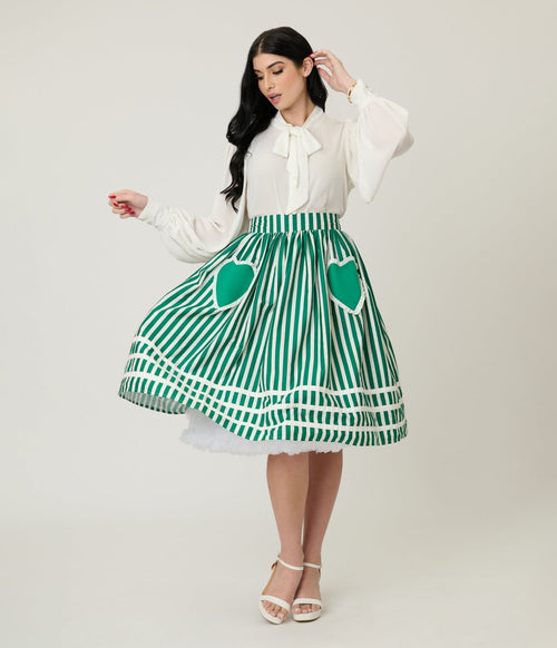 Unique Vintage Green & White Stripe Heart Pocket Swing Skirt