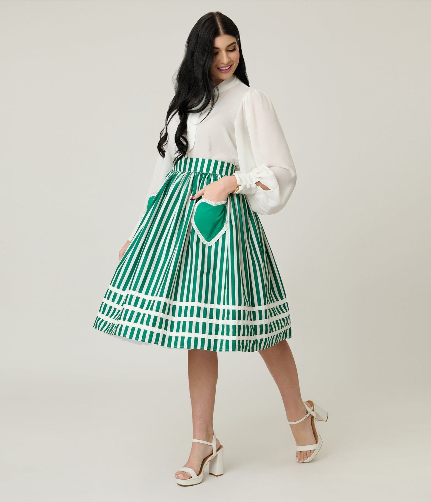 Unique Vintage Green & White Stripe Heart Pocket Swing Skirt