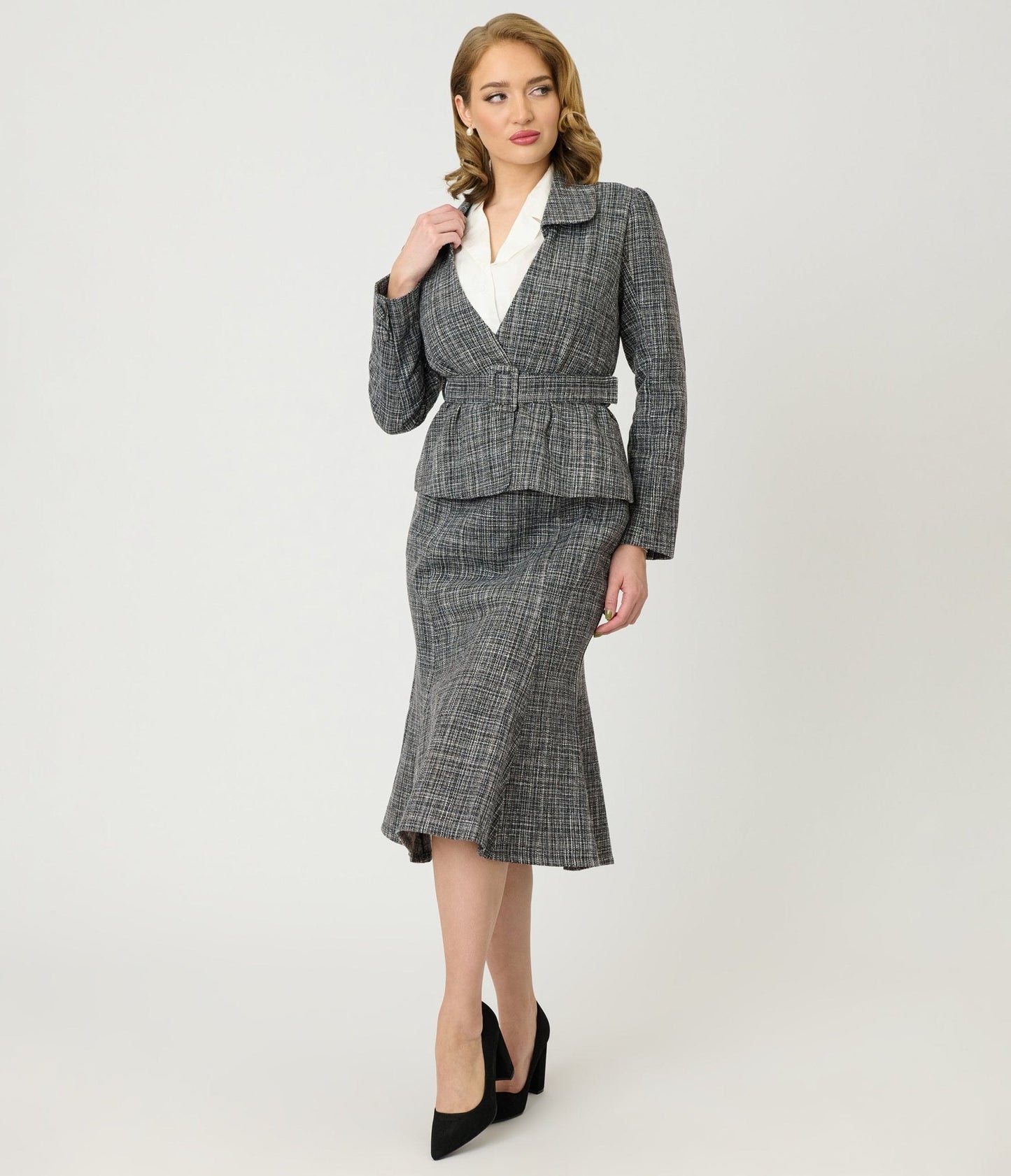 Unique Vintage Grey Tweed Tina Trumpet Skirt