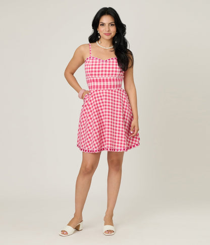 Unique Vintage Hot Pink Gingham Follow Your Heart Flare Dress