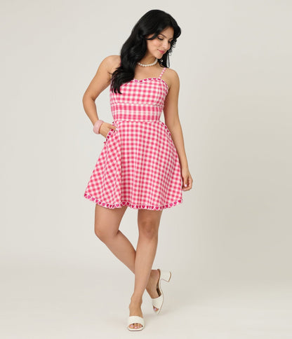 Unique Vintage Hot Pink Gingham Follow Your Heart Flare Dress