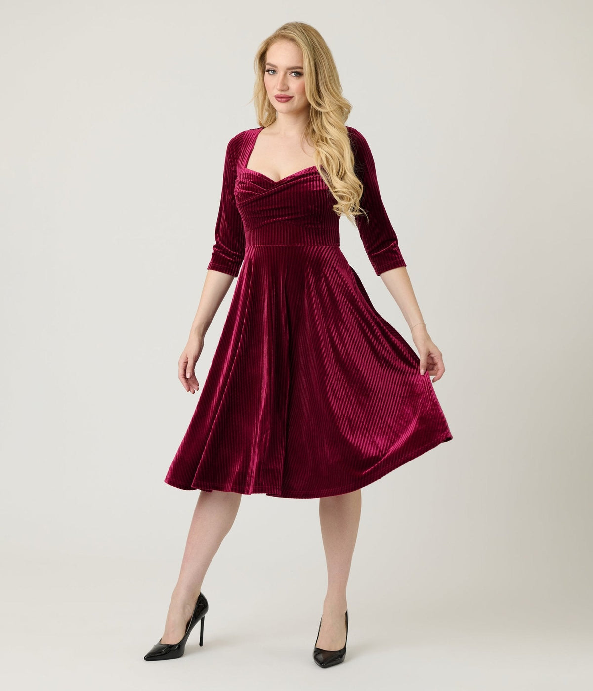 Unique Vintage Merlot Striped Velvet Pleated Bust Swing Dress