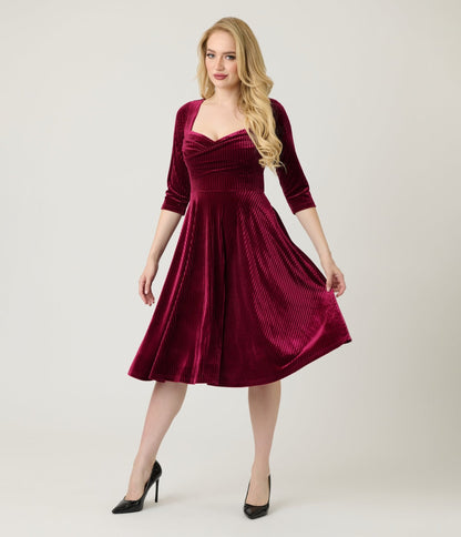 Unique Vintage Merlot Striped Velvet Pleated Bust Swing Dress