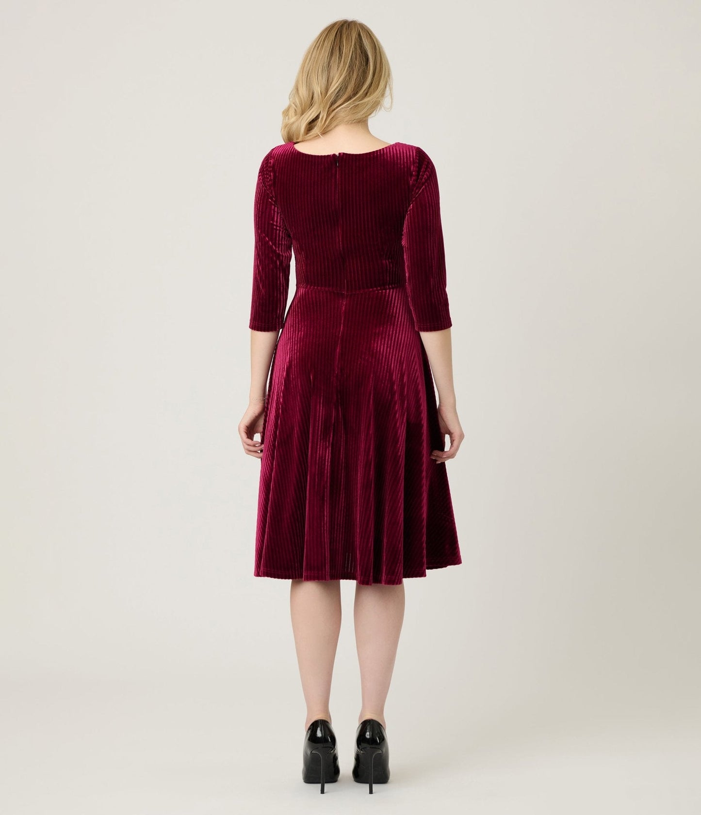 Unique Vintage Merlot Striped Velvet Pleated Bust Swing Dress