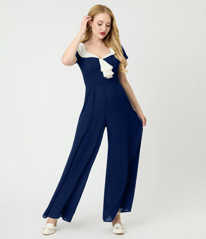 Unique Vintage Navy Blue Wide Leg Jumpsuit